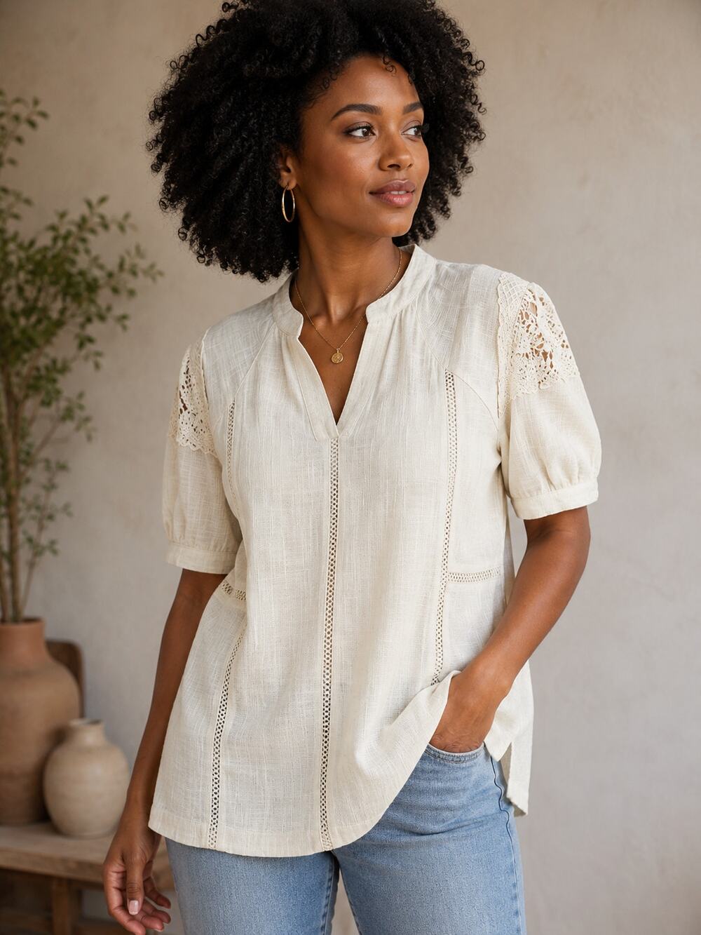 Soft Surroundings Peasant Blouse Top Crochet Sleeve Gauze Lined Boho NWT PL